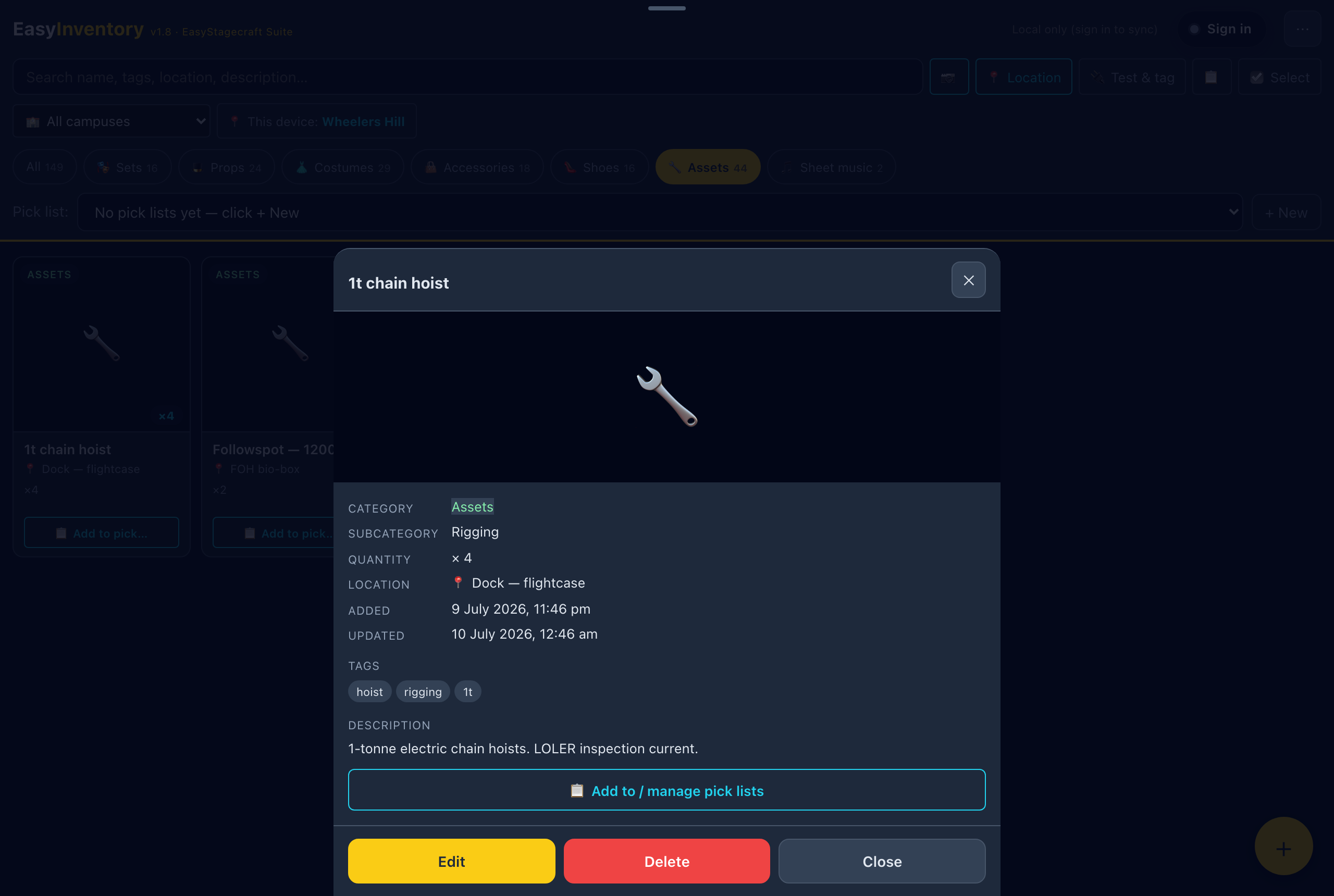 EasyInventory item detail — a 1-tonne chain hoist record showing category, sub-category, location, quantity, tags, condition notes and add-to-pick-list