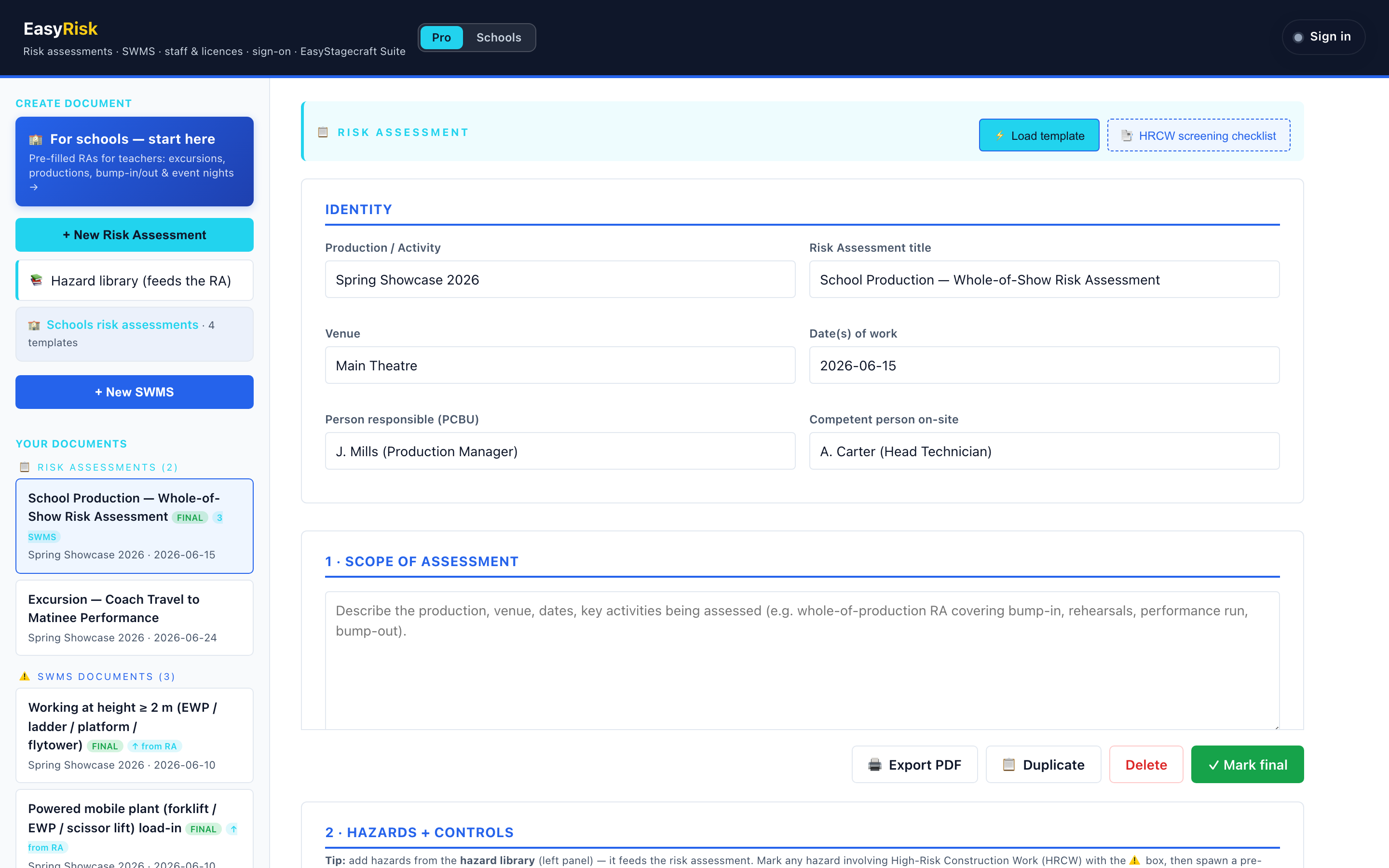 EasyRisk — build risk assessments, SWMS, licence registers and sign-on posters