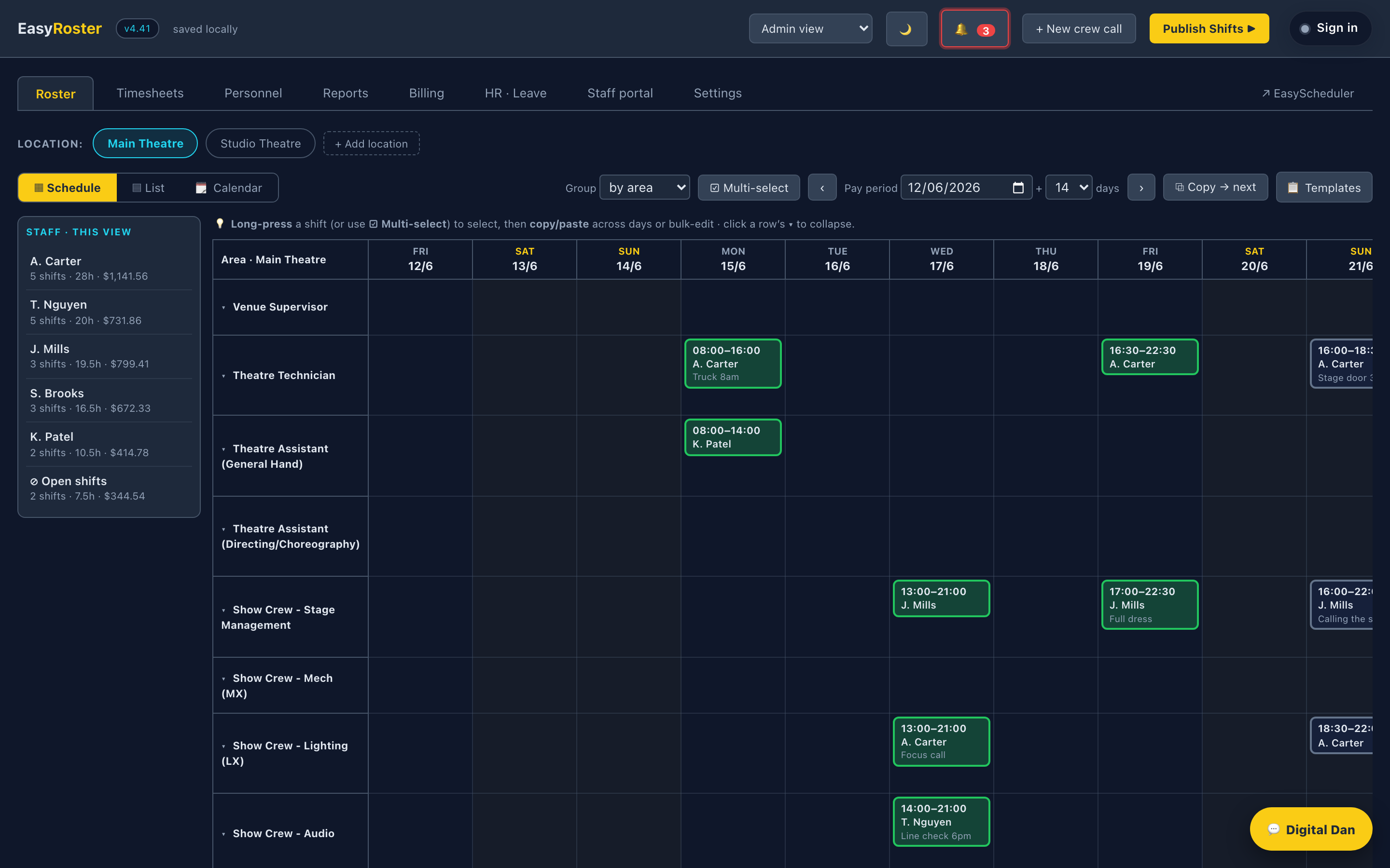 EasyRoster — staff rostering with live award costing