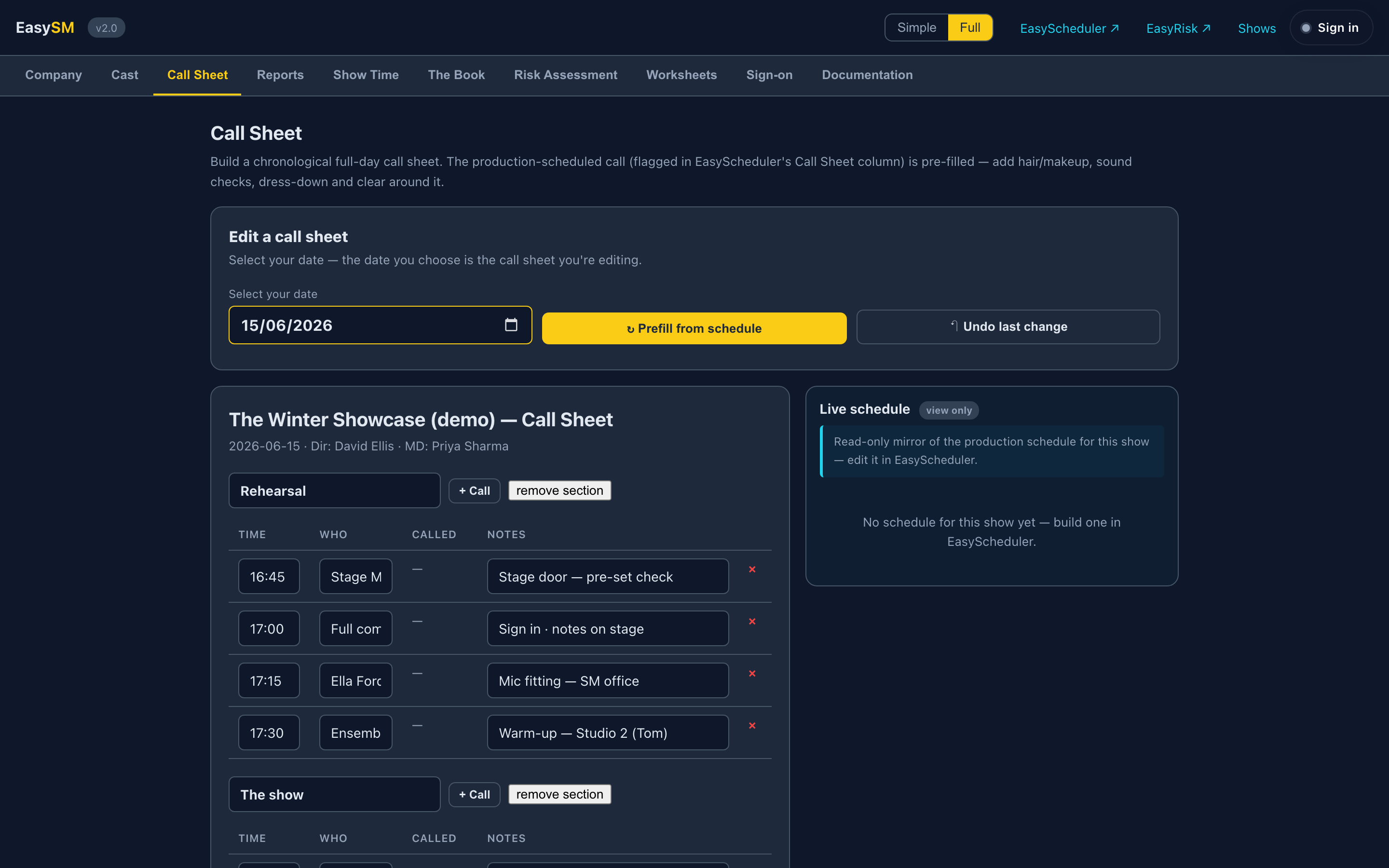 EasyStageManager — crew, call sheets, cue book and show reports