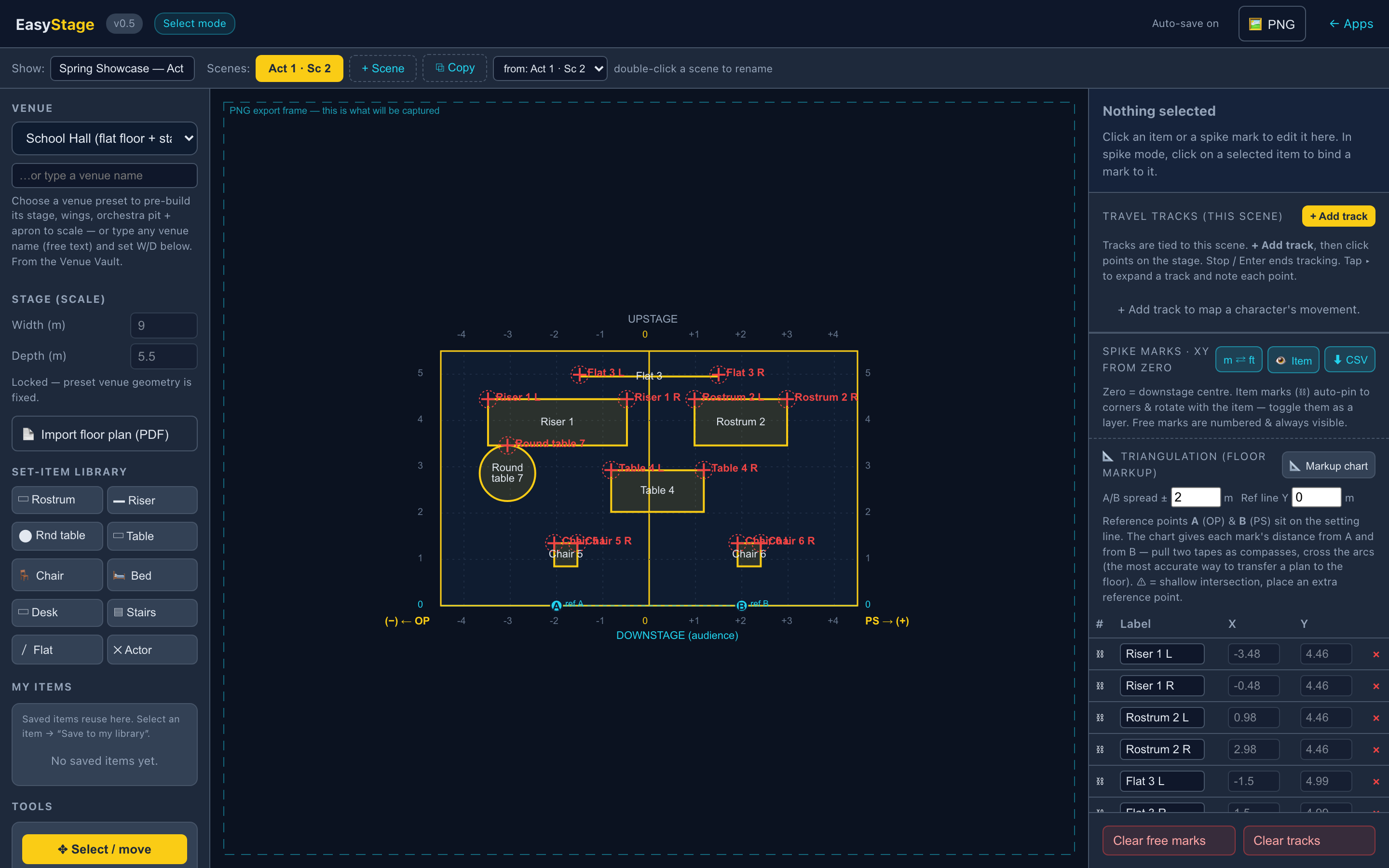 EasyStage — a to-scale set plan for Spring Showcase Act 1 Scene 2 with risers, rostrums, tables and chairs, each pinned to spike-mark XY coordinates