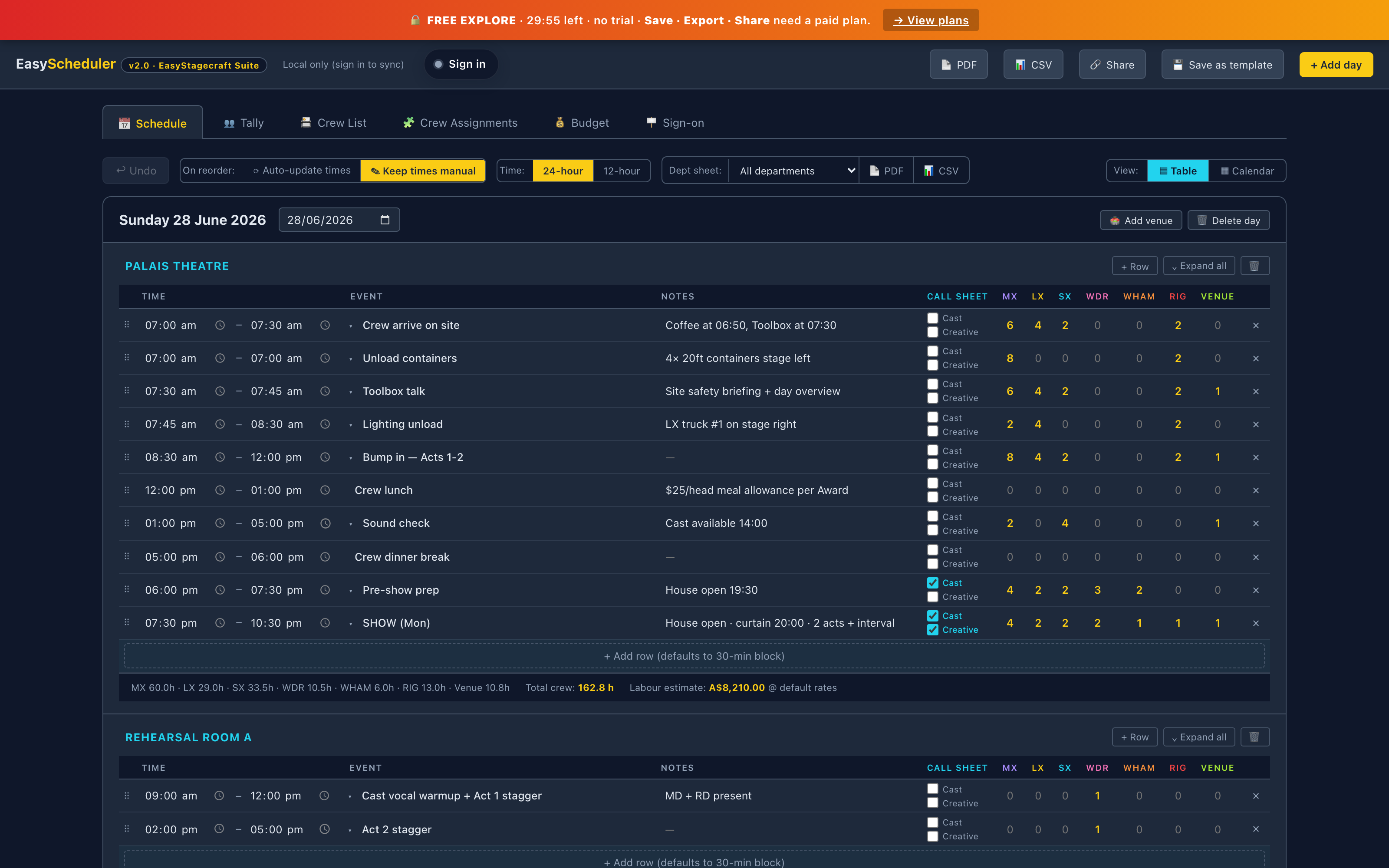 EasyScheduler — production day schedule with call sheets and live budget